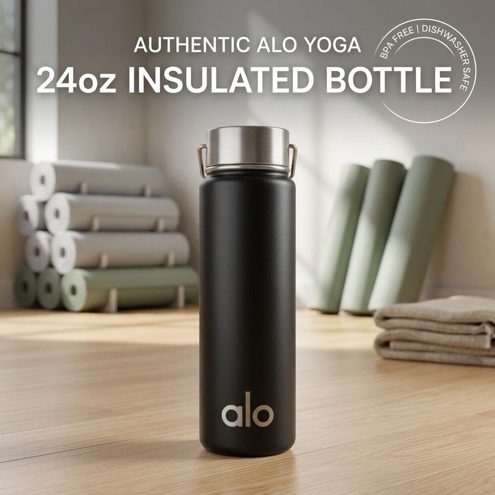 Alo Yoga 24oz Insulated Stainless Steel Water Bottle Matte Black Gym Yoga Cap